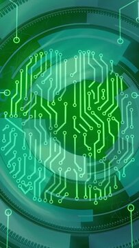Vertical video: Neon arc sweeping sparking HUD iris forming circuit rings rotating visualizing data