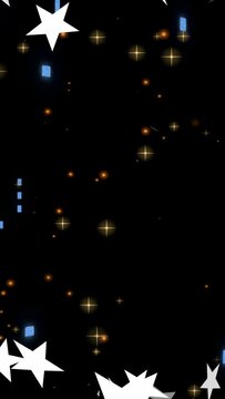 Vertical video: Top-left stars entering, blue blocks and glints drifting down, making depth effect