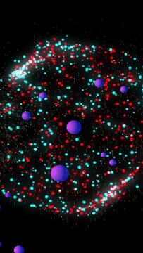 Vertical video: Purple orb entering left, ring forming, orbs orbiting, dots streaming for 3D art