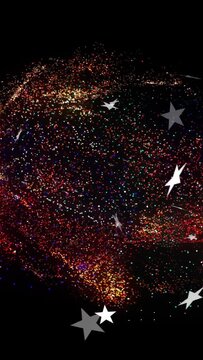 Vertical video: Star cutouts drifting in, sparking particle cloud growing and forming luminous band