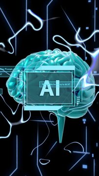 Vertical video: Tendrils drawing in causing teal brain rotating and pulsing HUD showing AI thinking