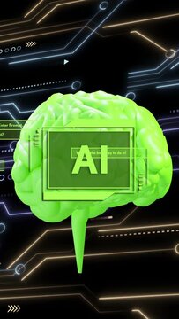 Vertical video: Opening frame lifting neon-green 3D brain, centering HUD and scanning for AI