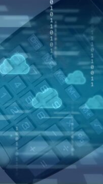 Vertical video: Diagonal keypad clearing as neon clouds rising, bits falling, showing cloud sync