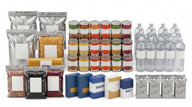 Emergency food supply kit with canned goods and water bottles, survival food rations and dry pantry staples, long-term storage food stockpile on white background