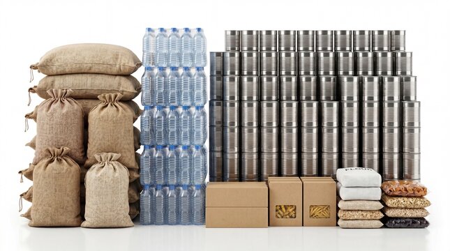 Emergency food supply stockpile, survival rations with canned goods and water bottles, bulk grocery storage for disaster preparedness