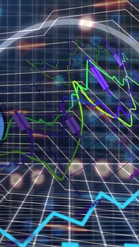 Vertical video: ANALYSING label and scrolling data starting finance charts rotating, tracing trends
