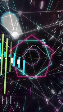 Vertical video: Radial rays moving, pentagon pulsing, scan sweeping nodes, bars rising showing data