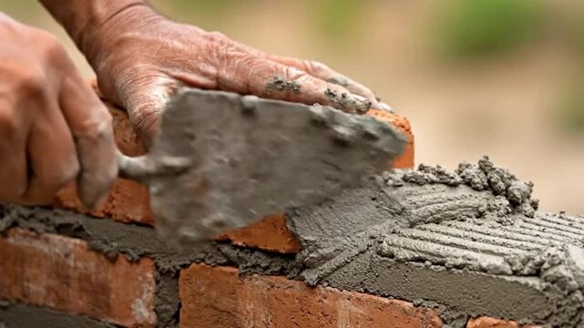 Closeup of a construction worker using a trowel to apply mortar to red bricks
