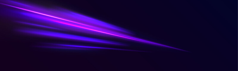 Obraz premium Bright electric lines sweep across a dark urban background in smooth motion. Vibrant purple and blue streaks form glowing futuristic pathways.