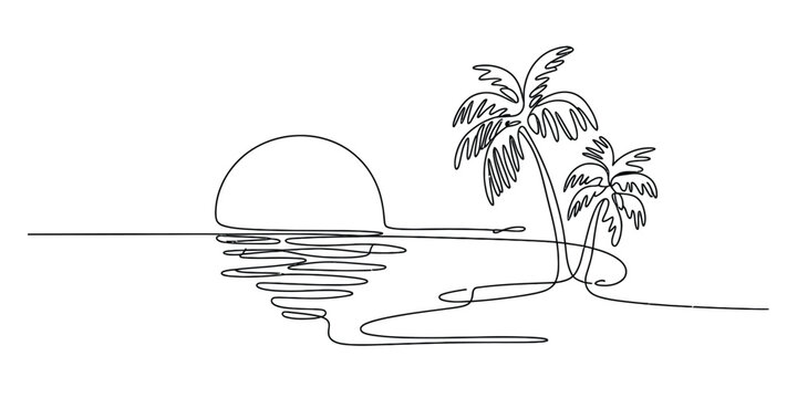 Minimalist continuous line drawing of a tropical sunset over the ocean with palm trees Vector, illustration