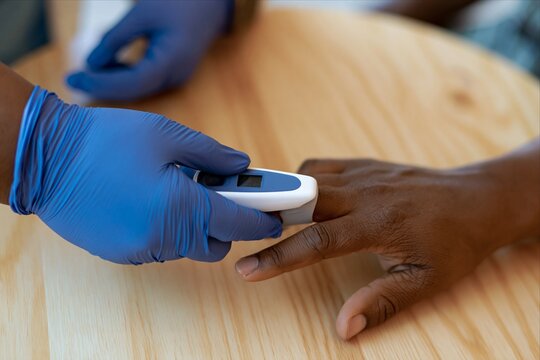 Healthcare worker measuring patient blood oxygen level with pulse oximeter
