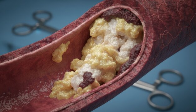 Cross section view of an artery showing severe build up of yellowish cholesterol plaque and dark red blood clots