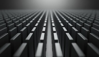 Fototapeta premium Symmetrical grid pattern of small black rectangular blocks stretching into a blurred perspective background