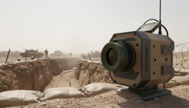 Military perimeter monitoring camera system placed on sandbags overlooking a defensive trench in a desert combat zone