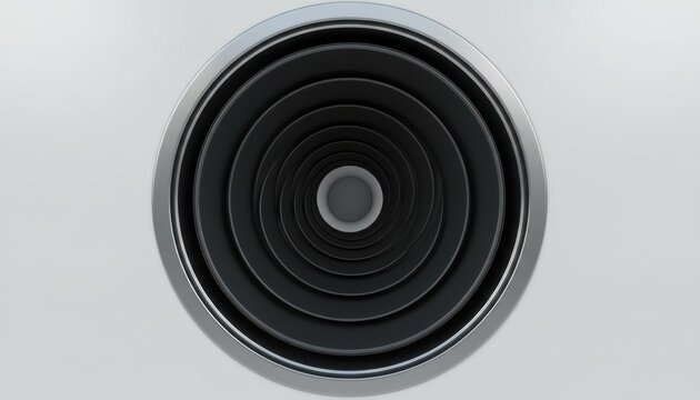 Direct front view of a minimalist white appliance showing concentric dark circular rings forming a deep vent openings
