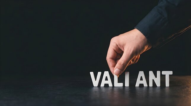 Human hand placing wooden letter i to complete the word valiant on a dark textured surface background