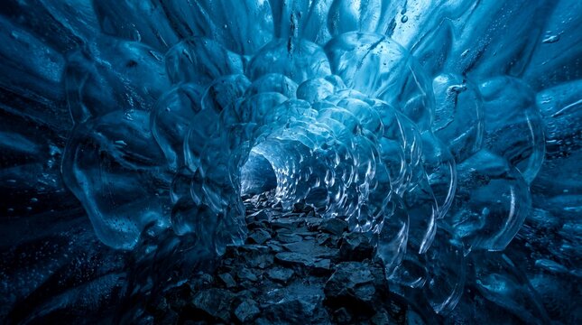 Enchanting glacial blue ice cave interior, revealing a breathtaking frozen wonderland of intricate natural formations