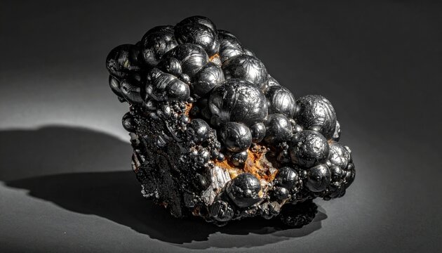 Black botryoidal kidney ore hematite mineral specimen with a glossy metallic sheen and bumpy round surface structures