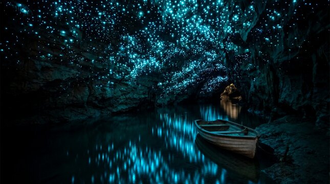 Enchanting subterranean cave adorned with a magical blue glow, reflecting ethereal light on tranquil waters where a small boat awaits exploration