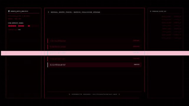 Neural Brute Force Matrix Collision Stream Displaying Hexadecimal Hash Key Decryption Code Overwrite Hazard Log Terminal Red HUD Screen.