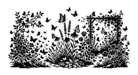 Beautiful garden silhouette with flowers, climbing plants on pergola arch, and flying butterflies vector illustration. © Lapak orang bejo