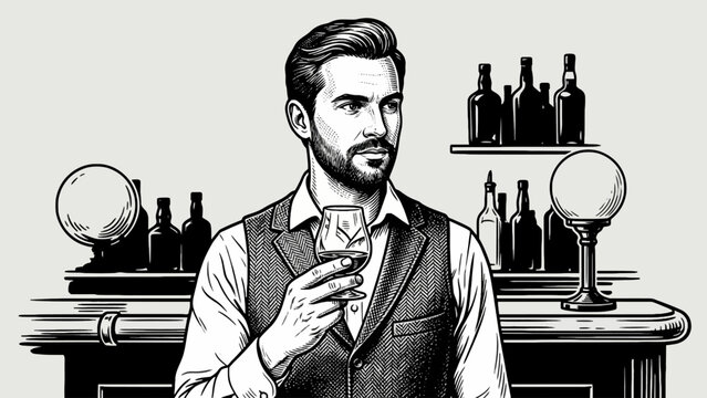 Sophisticated man holding a glass of whiskey at a bar counter