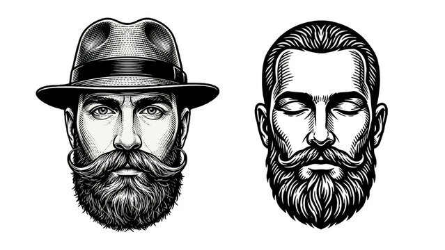 Portraits of bearded men with stylish mustaches and a fedora