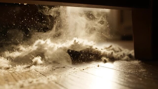 Dust bunnies and debris falling from under a cabinet onto a wooden floor.