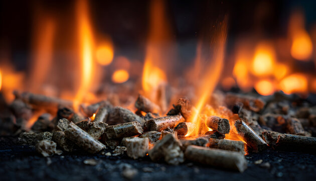 Burning wood pellets with golden flames, closeup macro of biomass fuel igniting on burner, dancing orange tongues and glowing embers, textured pellet surface