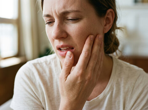 Severe toothache and dental pain, young woman touching cheek with hand in discomfort, oral health problems and sensitive teeth concept