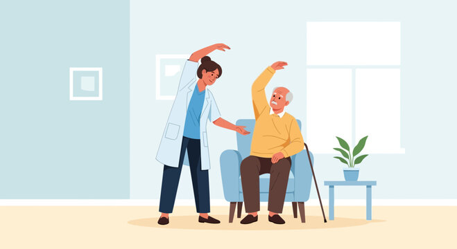 Senior fitness: Nurse assisting elderly man with gentle arm exercises at home.