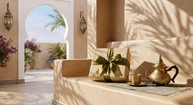 Outdoor Eid Gift Setup in Mediterranean Archway