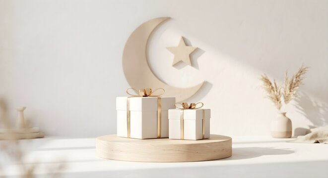 Minimalist Beige Eid Gift Display with Moon Arch