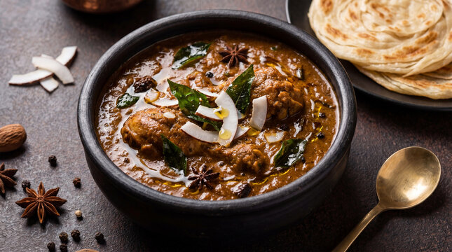 Traditional Indian Chettinad chicken curry served in rustic bowl with spices and bread