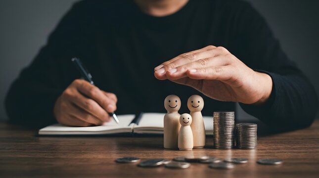 Person protects wooden family figures and stacks of coins while writing in a notebook on a wooden table, representing financial security and planning