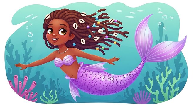 Little black mermaid with purple tail swimming underwater