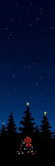 Fototapeta premium Silhouettes of Christmas trees with sparkling stars and festive decorations against a dark blue sky, snowflakes, ||winter