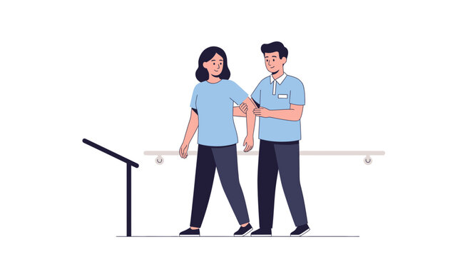 Physical Therapist Assists Patient Walking with Parallel Bars and Treadmill