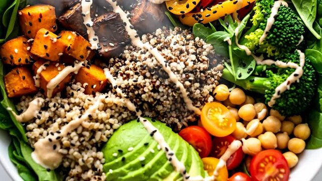 A vibrant and healthy Buddha bowl filled with fresh vegetables, quinoa, and sweet potatoes, drizzled with a creamy sauce.