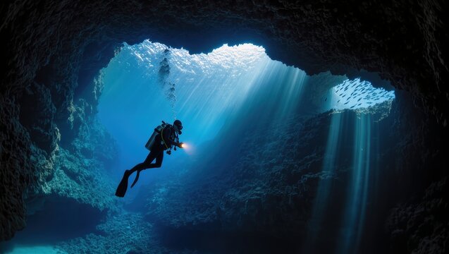 Scuba diver exploring underwater cave with sunlight rays and fish