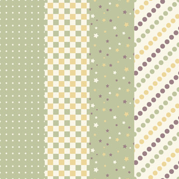 Seamless geometric pattern set with polka dots checkerboard grid and stars on sage green background