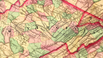 Fototapeta premium Macro View of Vintage Map Highlighting West Virginia USA with Detailed Geographic Cartography.