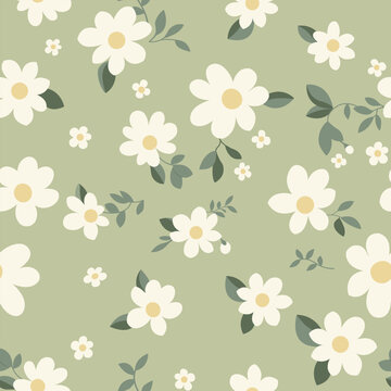Seamless floral pattern with beautiful white daisies and leaves on sage green background