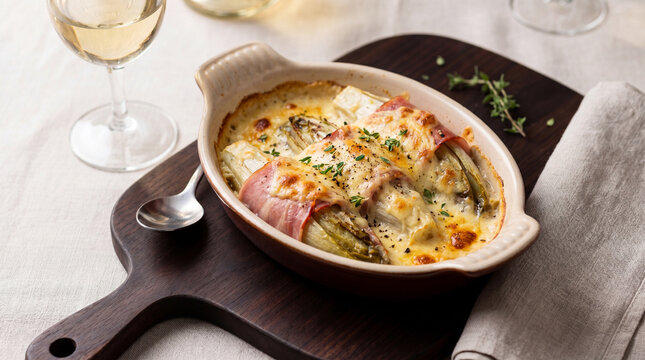 Freshly baked endive gratin with cheese topping in rustic kitchen setting
