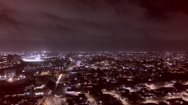 Nighttime drone footage flying over Vreden berg Curacao.