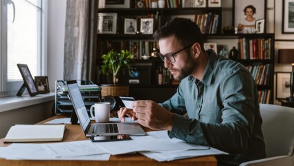 Obraz premium Man managing finances online using laptop and credit card at home
