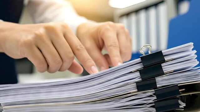 professional sorting through a stack of white office documents secured with black binder clips, emphasizing organizational productivity and corporate workflow in a bright workspace.