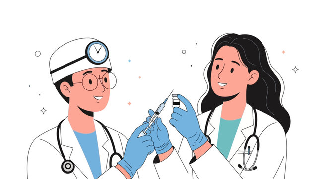 Two smiling doctors preparing a vaccine injection with syringe and vial