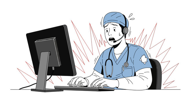 Stressed Doctor Wearing Headset Working on Computer - Emergency Medical Call
