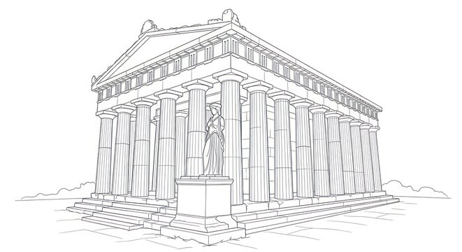 Elegant line drawing of classical Greek-style temple with columns and steps